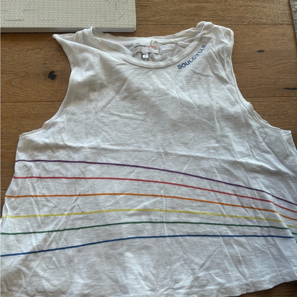 SoulCycle White Tank Top with Rainbow Stripes